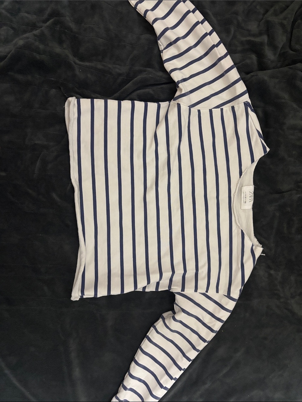 Zara Navy and White Striped Crewneck Top